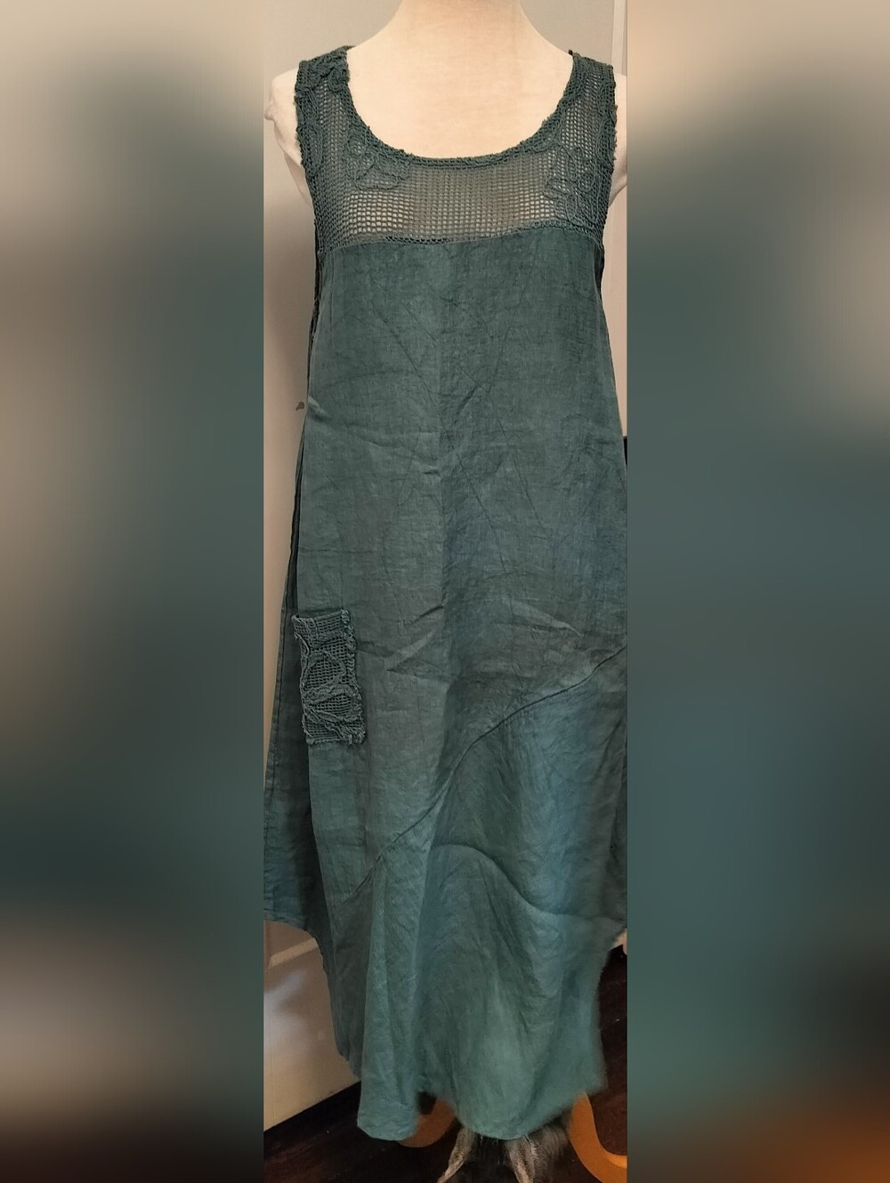 Teal Linen A-Line Dress with Crochet Accents